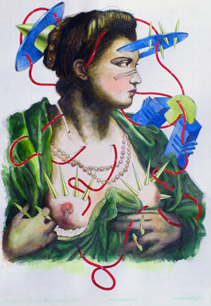 Dama que descubre el pecho, dibujo acuarela y grafito, papel, 50x70 cms. 2012