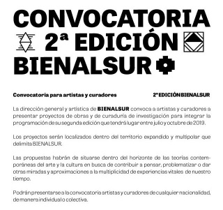 CONVOCATORIA ARTISTAS Y CURADORES BIENALSUR 2019. Imagen cortesía BIENALSUR