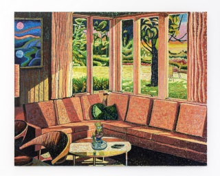 JJ Manford, Suburban Sunset with Bart Simpson, 2023 Oil stick, oil pastel, and Flashe on burlap over canvas, 182.9 x 228.6 cm. — Cortesía de la Galería Marta Cervera