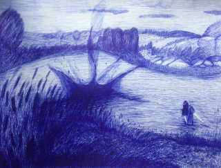 Consuegra Romero + Two artists. By the river. Bolígrafo y rotulador sobre papel. 42 x 42  cm. Cortesía de Espacio Líquido