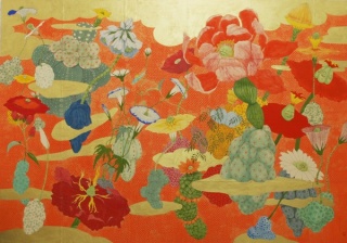 Mari Ito. El origen del deseo, 2013. Rice paper on wood panel, japanese pigments.140 x 200 cm