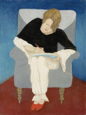 Gabriele Münter. Mujer escribiendo en un sillón (Estenografía: Mujer suiza en pijama), 1929. Lienzo, 61,5 × 46,2 cm. The Gabriele Münter and Johannes Eichner Foundation, Múnich © Gabriele Münter, VEGAP, Madrid, 2024 — Imagen cortesía del Museo Nacional Thyssen-Bornemisza