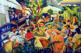 Café alrededor de la fuente  óleo sobre lienzo 130 x 195 cm.
