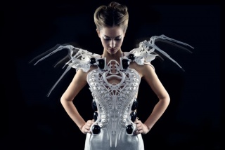 Spider Dress -  Nylon nacarado, Impresión 3D, sensores de movimiento, robótica  – Anouk Wipprecht