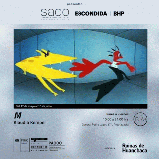Afiche M de Klaudia Kemper en ciclo de videoarte 2024 Bienal SACO