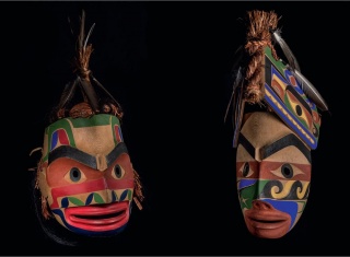 Máscaras que representan participantes del Ritual del Lobo. Joe David, 1979. Foto: Shane Lighter. Primeras Naciones de Canadá. Culturas y artes vivas. Colecciones del Museo Real de Columbia Británic
