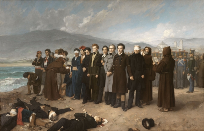 Fusilamiento de Torrijos y sus compañeros en las playas de Málaga Antonio Gisbert Pérez Óleo sobre lienzo 390 x 601 cm. 1888 Museo Nacional del Prado — Cortesía del Museo del Prado