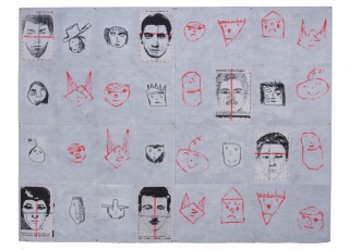 Eugenio Dittborn, The 9th History of the Human Face [Hierba Menuda] Airmail Painting No. 82m, 1990, Paint, charcoal, stitching and photosilkscreen on two sections of non woven fabric