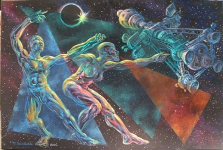 David Botello, Space Walkers, 2002, acrylic painting, 36"w x 24"h, copyright to the Artist 2002, photo and image by David Botello