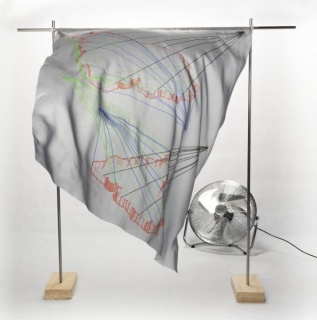 Cristian Villavicencio, Flowing cartography –2016 – (140 x 150 x 100 cm) Digital designed fabric, ventilator, motion sensor.