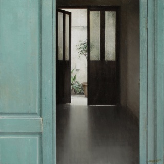 Carlos Morago, Puerta verde, oli sobre taula, 50 × 50 cm — Cortesía de la Sala Parés
