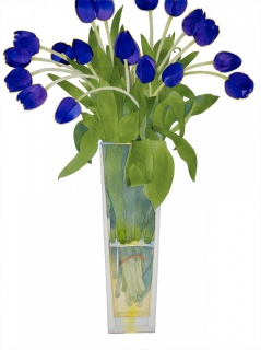 GARY BUKOVNIK, Blue Tulips in a tall vase, acuarela, 75 x 56 cm. – Cortesía de la Galería Ansorena