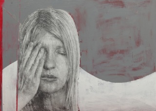 Dominika Berger, Con la mano, mixta sobre tela, 114 × 81 cm – Cortesía de la Sala Parés