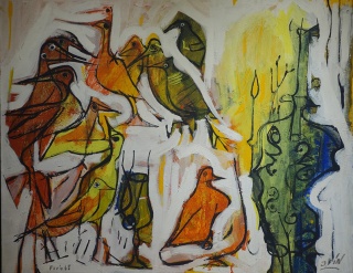 J.Fín "composición con pájaros" 73 x 92 cm. óleo sobre tela