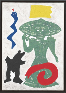 José de Guimarães, série México: Papel Perfurado, 1996 papel laminado sobre tela, acrílico com areia e glitter 101 x 72 cm. — Cortesía de la Galeria Quadrado Azul