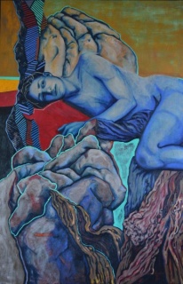 Angelina Paz, Sopla el viento en el desierto. Acrílico y óleo sobre tela, 2016, 146,5x96,5 cm.