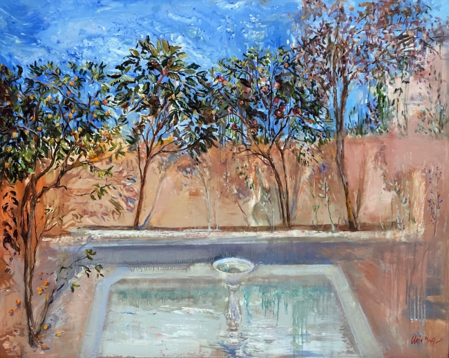 Gloria Muñoz, El jardín de Ofelia, Fuente. Oli sobre tela, 120 × 150 cm. — Cortesía de la Sala Parés