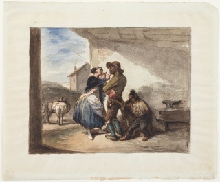 Leonardo Alenza, Mientras le miman le roban, hacia 1838. Acuarela sobre papel — Cortesía del Museo Lázaro Galdiano