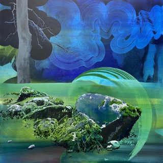 Maria Acuyo, Sendero de roca y bruma”, 2022. Acrílico sobre lienzo. 120x120 cm