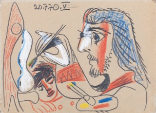 Pablo Picasso, Le peintre et sa modèle. Ceras y lápiz de colores y carboncillo sobre cartón. 1970 — Cortesía de la Galería Guillermo de Osma