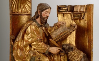 Atribuido a Felipe Bigarny. San Marcos (Los cuatro Evangelistas) (detalle), 1501-1525. Museo Nacional de Escultura, Valladolid  — Cortesía del Museo Nacional Thyssen-Bornemisza