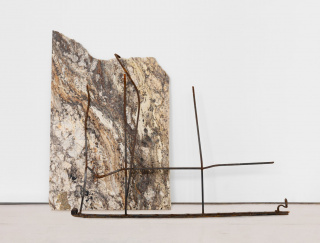 Kristine Eudey, "wet cold hot dry", 2019, granite and iron, 57 x 70 x 14 in. Courtesy the artist