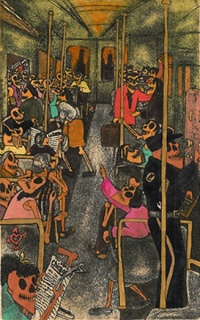Nicolás De Jesús; En el Tren (In the Subway), 1990; Etching and aquatint on amate paper; 15 x 10 3/4 inches; Collection Friends of the Neuberger Museum of Art; Purchase College, State University of New York; Museum purchase with funds provided by the Frie