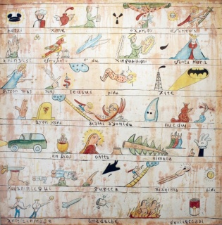 Enrique Chagoya, Cartography, 2002. Acrylic on amate paper mounted on linen, 48 x 48 inches. ECp 13 — Cortesía de George Adams Gallery