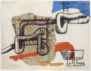 Le Corbusier, Corde et verres, 1954. Collage de papeles pintados, periódicos y carboncillo sobre papel. Firmado. 48x62 cm. – Cortesía de Guillermo de Osma Galería