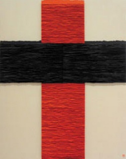 Fernando Daza, Cruz vermelha e negra, papel Canson, rasgado à mão e colado s/tela, 146x114 cm, 2015