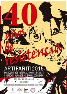 Cartel ARTifariti 2015, IX Encuentros Internacionales de Arte y Derechos Humanos del Sahara Occidental. Obra de Agustias García