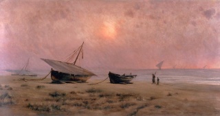 Modest Urgell i Inglada (Barcelona, 1839 – 1919), Marina. Óleo sobre tela, 106 x 197 cm. — Cortesía de Gothsland Galeria d'art