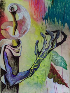 John Banting (Inglaterra, 1902-1972). “Green harpist”, 1945. Técnica mixta sobre papel, 50 x 76 cm. Colección Ralli — Cortesía del Museo Ralli Marbella