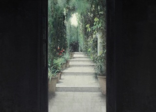 Carlos Morago, Salida al Jardín, óleo sobre madera, 50 × 70 cm. – Cortesía de la Sala Parés