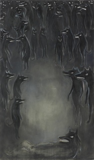 Breza Cecchini: Lobos divididos, 2022. Óleo sobre lino y pan de plata. 195 x 114 cm