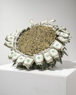 Kelly Heaton, Spent Flower, 2015, U.S.A., one-dollar bills, rope, acrylic, 6.25 x 18 x 18 inches. Photo: Casey Dorobek. Courtesy of Ronald Feldman Fine Arts, New York