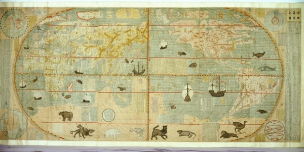Mapa del sinfín de países del mundo. Versión dibujada a mano del mapa impreso confeccionado por Matteo Ricci en 1602. Reinado Wanli , 1572-1620. © Nanjing Museum.