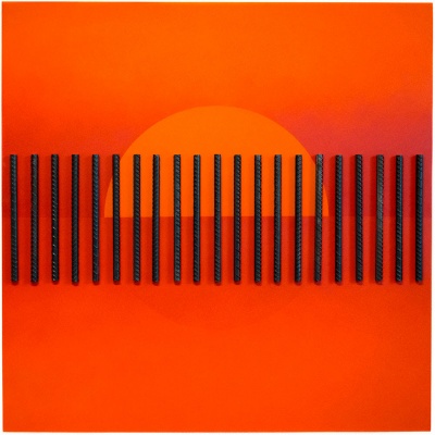 Yiyo Tirado-Rivera (b. 1990, San Juan, PR), Retreat II (Summer), 2024. Polyurethane paint, wood & rebars. 48 x 48 x 3 inches. Courtesy of the artist.