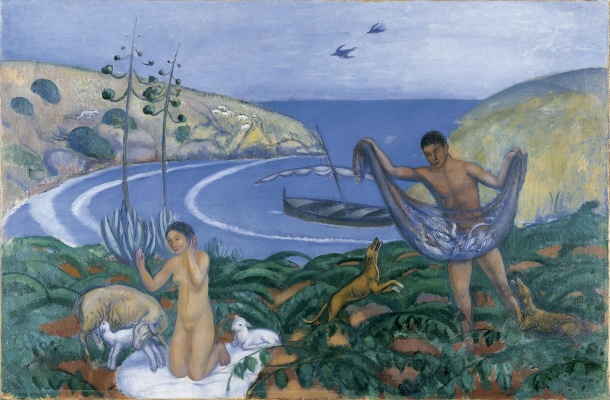 Joaquim Sunyer. Mediterrània, 1910-1911. Óleo sobre lienzo, 85,5 x 130 cm. Colección Carmen Thyssen. © Joaquim Sunyer, VEGAP, Madrid, 2024 — Imagen cortesía del Museo Nacional Thyssen-Bornemisza