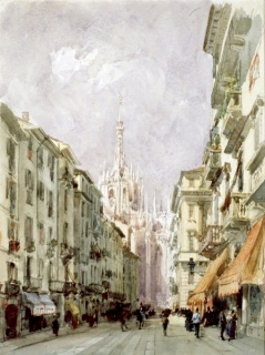 Eugenio Lucas Velázquez, El corso de San Francisco, Milán, 1868. Lápiz negro y acuarela sobre papel 415x313 mm. Inv. 8884