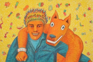 Gilbert "Magu" Luján, Mingo and Fireboy, ca 1988. Lithograph with hand-marking in prismacolor, 44 1/4 x 30 inches, © The Estate of Gilbert "Magu" Luján