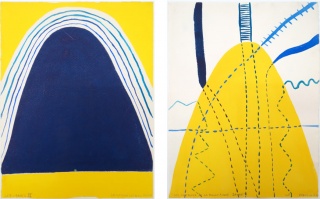 (left) Luisa Correia Pereira, La Montagne est Bleu, 1973, mixed media on paper, 31,6 x 24 cm; (right) Luisa Correia Pereira, Les Chemins de la Montagne Jaune, 1973, mixed media on paper, 31,6 x 24 cm. — Cortesía de Caroline Pagès