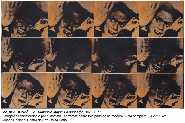 Marisa González. Violencia Mujer: La descarga, 1975-1977. Fotografías transferidas a papel acetato Thermofax sobre tres paneles de madera. Obra completa: 64x102 cm. Museo Nacional Centro de Arte Reina Sofía