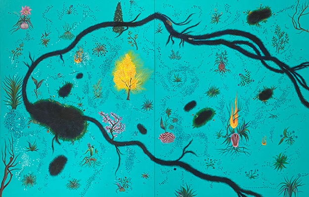 Wardha Shabbir. Black River, 2024. Gouache sobre papel libre de ácido. 28.4 × 43.6 cm.