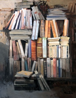Rafael Català, "LIBROS C16"  Oleo sobre lienzo. 92 x 73 cm. — Cortesía de Omnium Ars