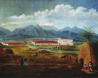 Ferdinand Deppe, San Gabriel Mission, Oil on canvas, c. 1832, 27 x 37 inches, Laguna Art Museum Collection, gift of Nancy Dustin Wall Moure, 1994.083