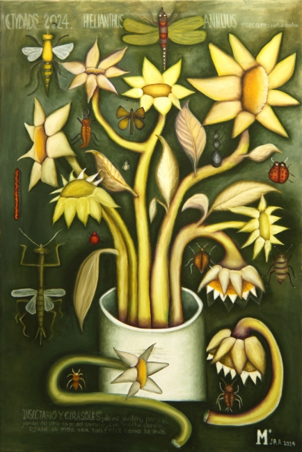 María José Romero, Insectario y girasoles, óleo sobre tela, 120 x 80 cm. Retratos de Familia