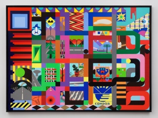 Rodrigo Galecio, Señor Plano en: Runrún se fue pal norte (2022), técnica mixta sobre tela sobre tabla, 110 x 150 cms. — Imagen cortesía de Galería Madre