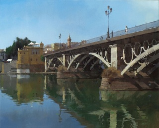 Francisco Escalera, Río y ciudad. Sevilla. (81x100 cm. Mixta sobre lienzo. Serie “Guadalquivir”)  - Cortesía de Francisco Escalera