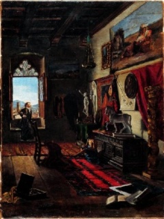Joan Figueras Soler, Taller del pintor Tomàs Moragas, c. 1879. Oli sobre tela, 64 x 47 cm.